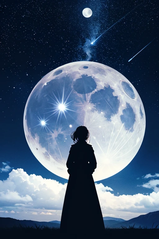 Highest quality,Big moon and shadow,A silhouette of a person can be seen against the backdrop of a large moon.,There is one full moon,There is a mood,Beautiful scenery,Starry Sky
