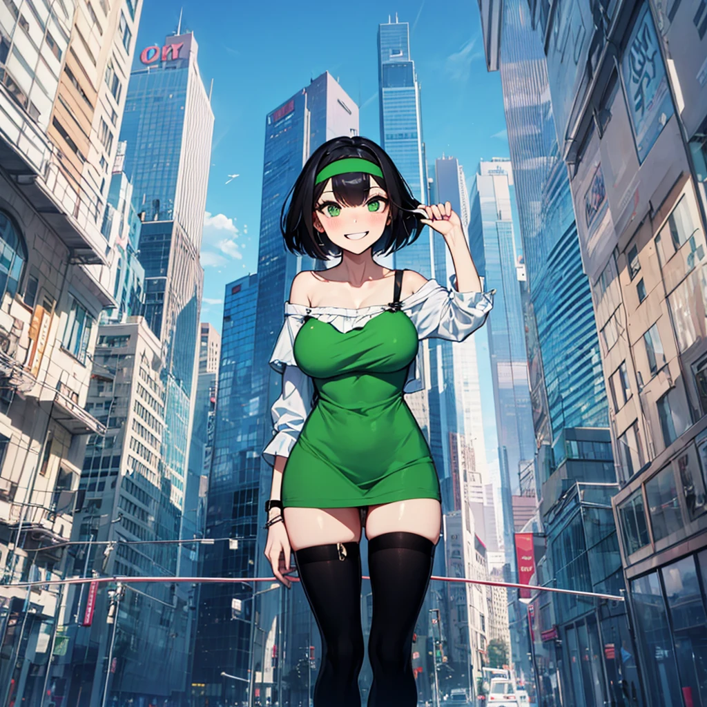 (solo), (1 skinny girl standing), arms behind back, swaying back, (tight-fit black thighhighs), collarbone, BREAK, (yellow hairband), green off-shoulder dress with shoulder straps, (off-shoulder white shirts under dress:1.2), glass-walled skyscrapers in distance, BREAK, (long skinny legs), huge breasts, BREAK, (forced smile:1.3), (dripping tires:1.3), (disappeared), open mouth, orgasm, nsfw, pussy juice dripping down between thighs