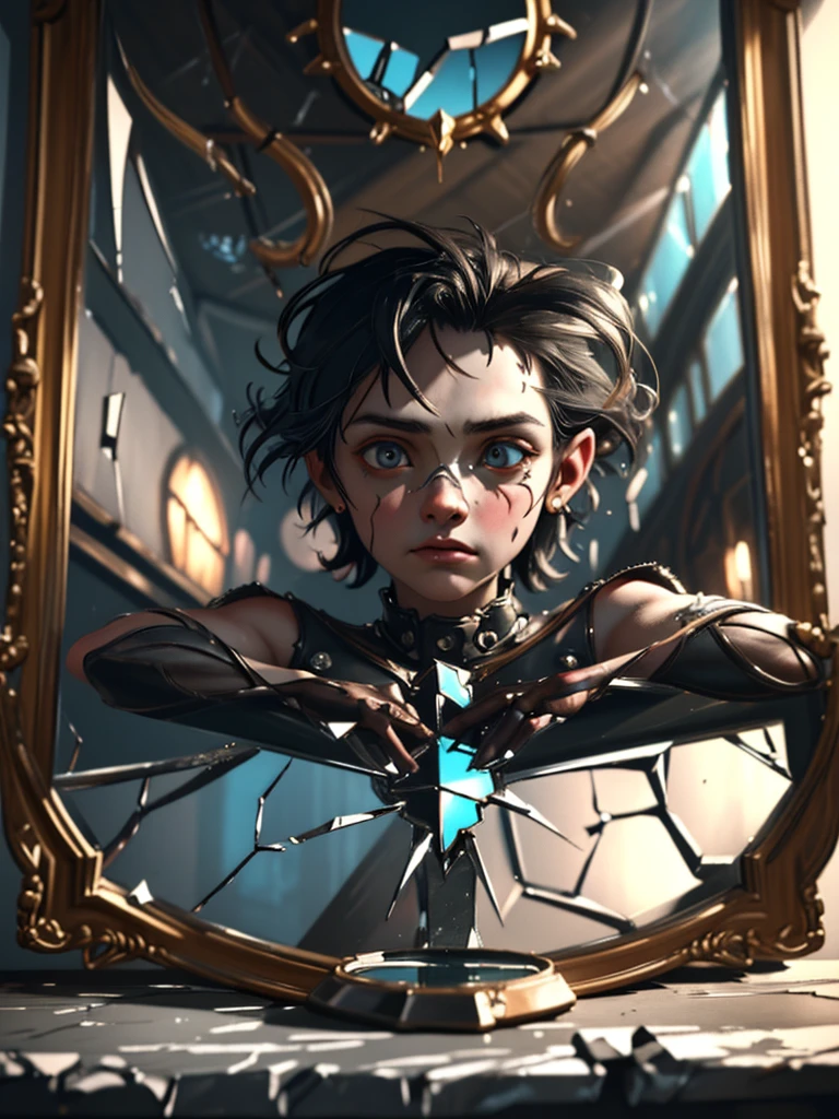 a surreal portrait of a person gazing into a cracked mirror, their reflection distorted and fragmented, intricate details, dramatic lighting, rich colors, depth of field, high contrast, photographic realism, cinematic composition, powerful symbolism, personal growth, rebirth