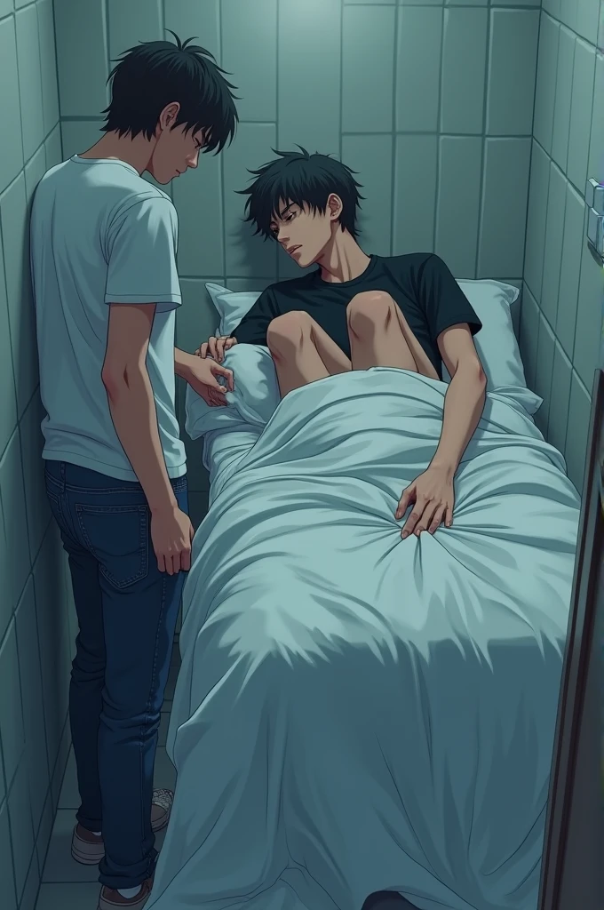 An anime style 2 young man, wearing casual clothes (jeans and a t-shirt), he is lying down in bathroom and he is covered by white sheet (and the boy is victim)