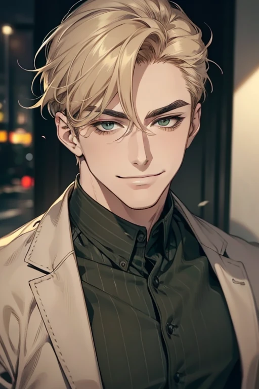 masterpiece, best quality, realistic, 1man, mature male, quiet and charming young man, 1, smirk and look on the side, closed mouth, portrait, extremely detailed face, smirk, (dark green eyes), (short-side-swept sandy blonde hair)), [thick eyebrows], (detective clothing)