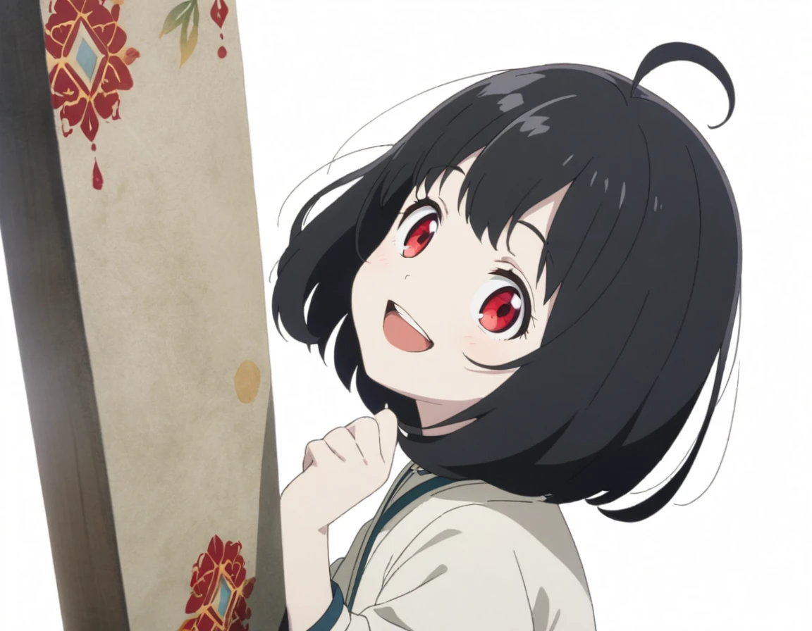 female , 1 woman, glad, delightful, blissful, cheerful, happy, smiling, laughing, cheerful grin, looking at viewer, looking to the left, looking up, bob cut, ahoge, black hair, red eyes, slant eyes, big eyes, sanpaku, red lips, pale skin, pinky to own mouth, solid white background, anime, hard-edged, India-ink painting, upper body, macro shot, front view, headshot, rule of thirds, best hand