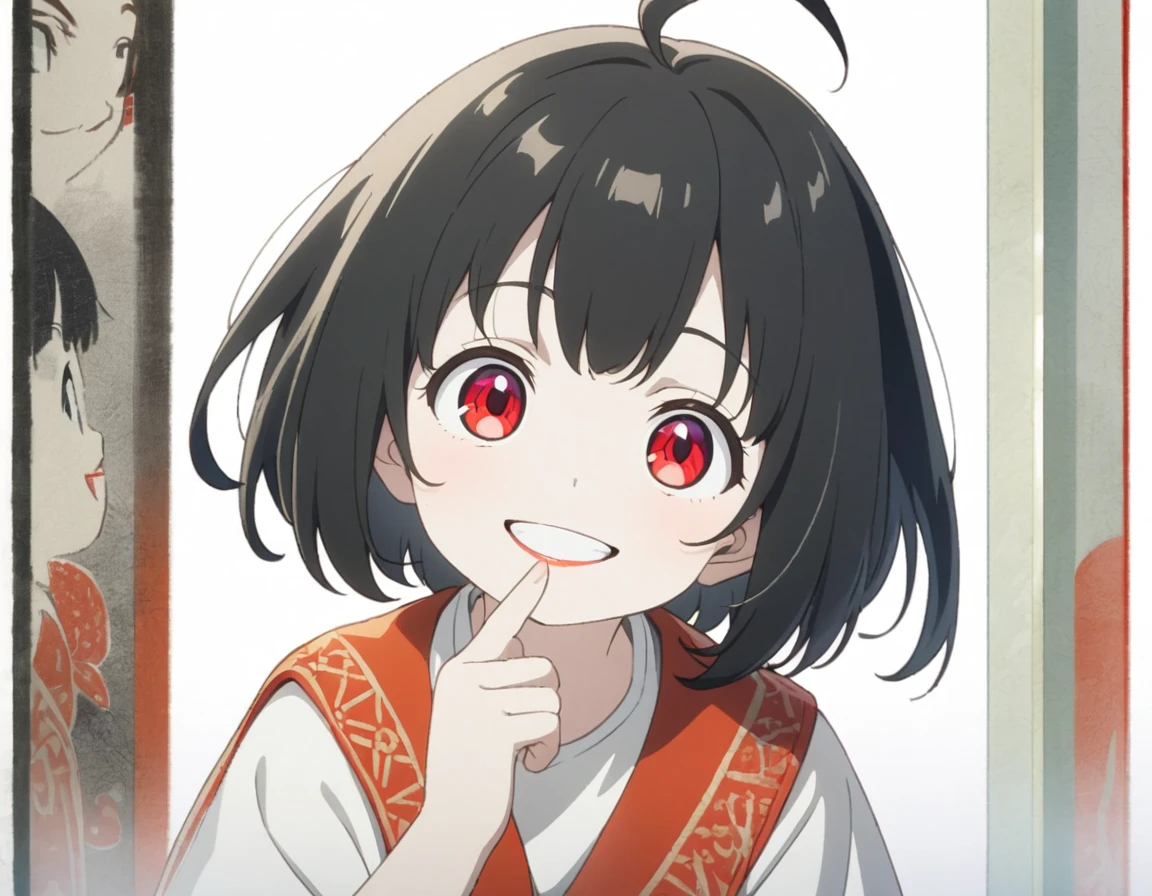 female , 1 woman, glad, delightful, blissful, cheerful, happy, smiling, laughing, cheerful grin, looking at viewer, looking to the left, looking up, bob cut, ahoge, black hair, red eyes, slant eyes, big eyes, sanpaku, red lips, pale skin, pinky to own mouth, solid white background, anime, hard-edged, India-ink painting, upper body, macro shot, front view, headshot, rule of thirds, best hand