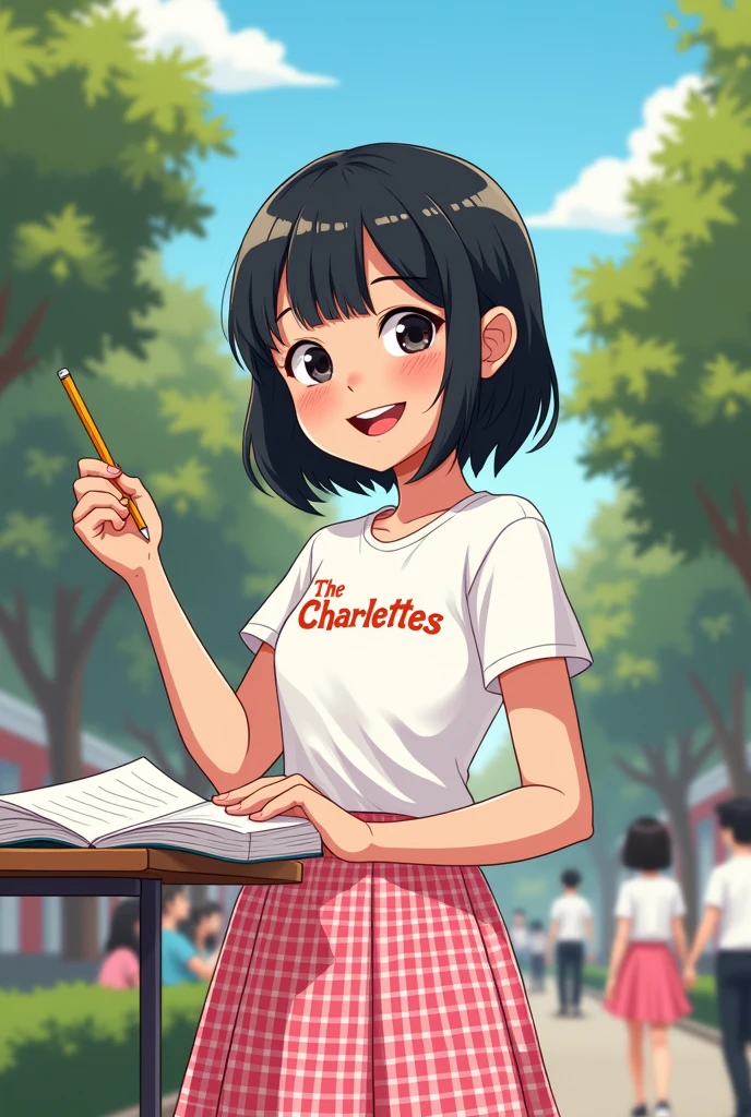 a cartoon showing filipino pupil a girl with black hair wearing a tshirt with brand "The Charlettes" in front and wearing a long skirt red and white gingham uniform , she is writing for campus journalism, make it look like the first generated photo, but change the skirt into gingham checkered pink and white skirt