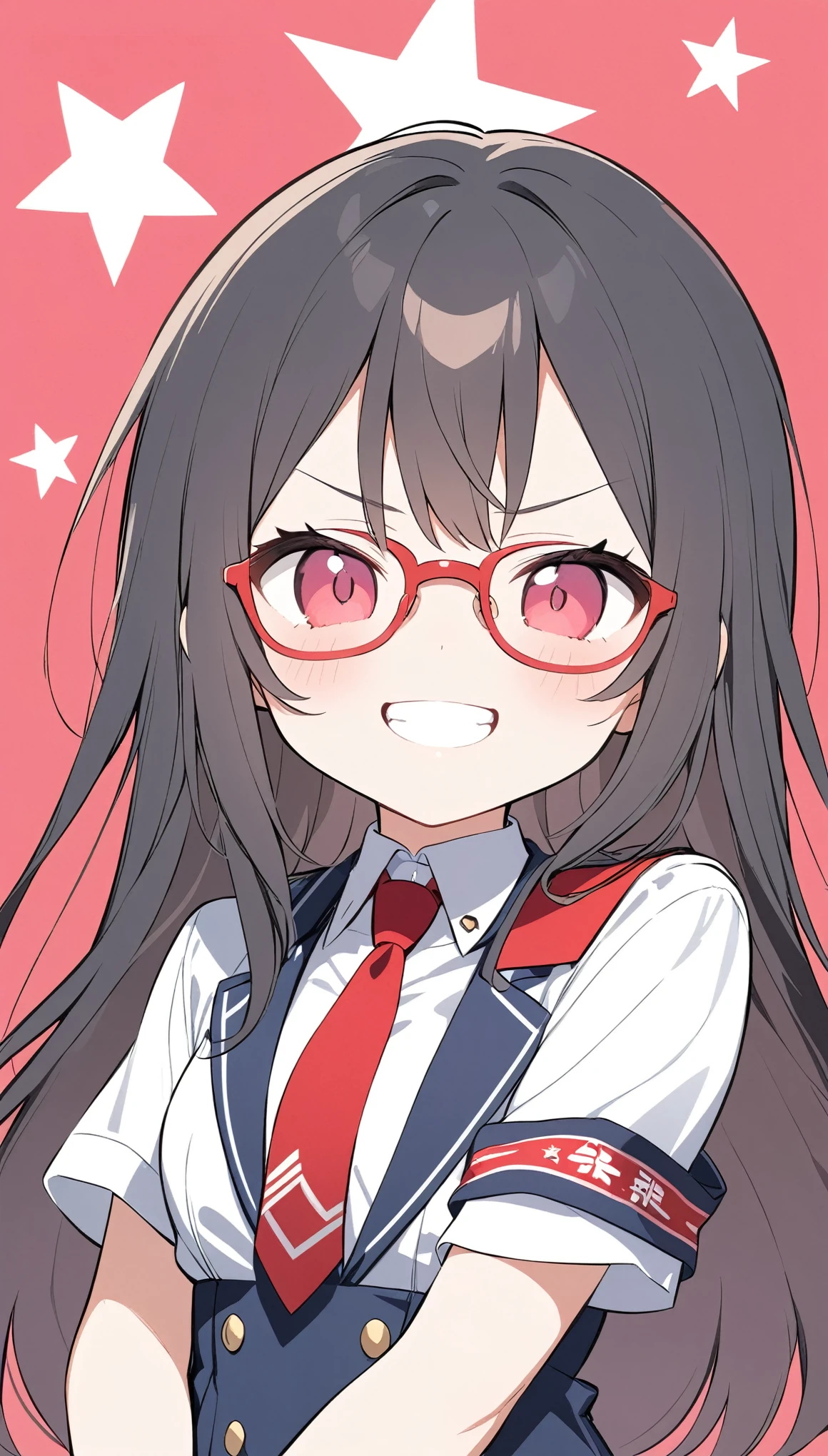 school student council president、Glasses、Black Hair、long hair、Student council president armband on uniform,grin