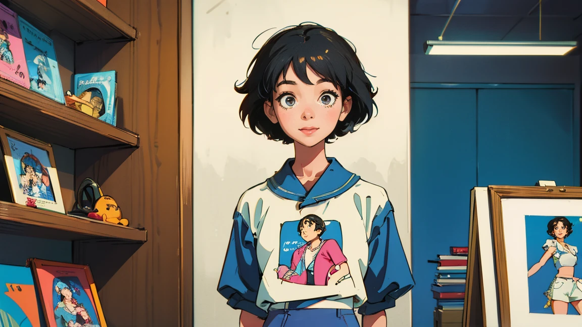 highest quality, masterpiece), 1 Girl, 1980s \(style\)Standing in front of a record shelf choosing a record,Smiling and looking at the viewer,\(style\)Upper Body,Horizontal position,pin up , \(style\)Black hair color,Short Hair,\(style\), citypop, lofi,\(style\),1980s fashion,,casual,1980s fashion, citypop,retro,\(style\)Record Store,