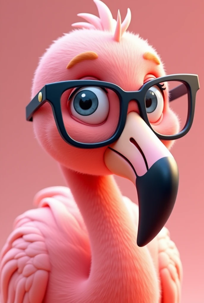 Pink bird close-up、Flamingo、Wearing large glasses。Chibi character、screenshot、Photorealism、Pixar、Pixarアート3d、Pixarキャラクターとして、Pixarキャラクターとして描かれ、Pixarかわいいキャラクターデザイン、Pixarスプラッシュアート