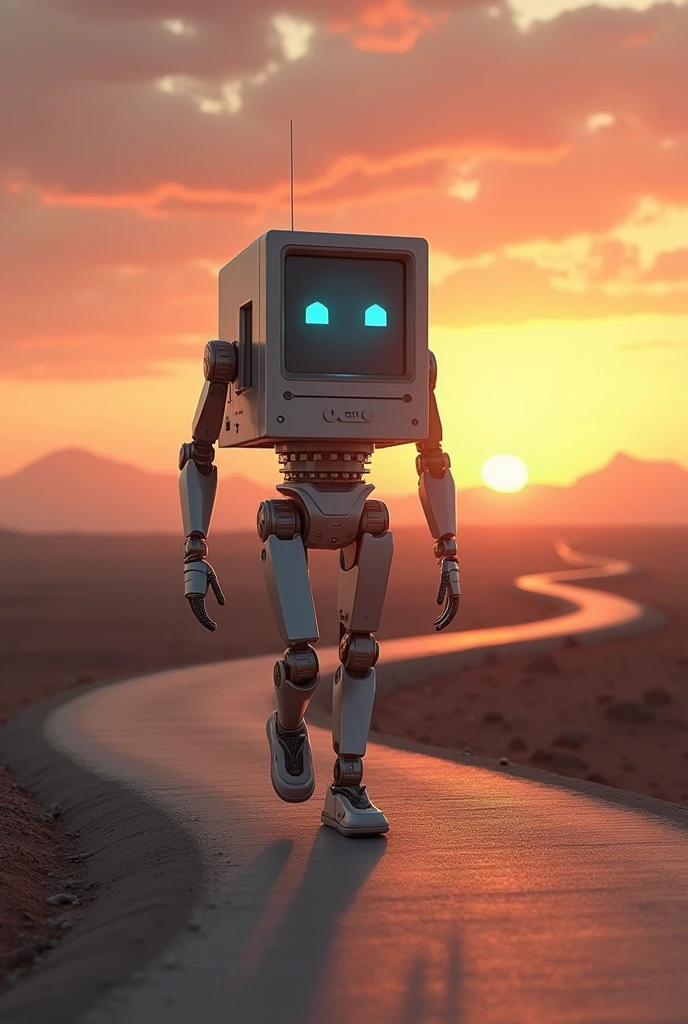 A computer with hand and foot, walking on road and sunset background.

