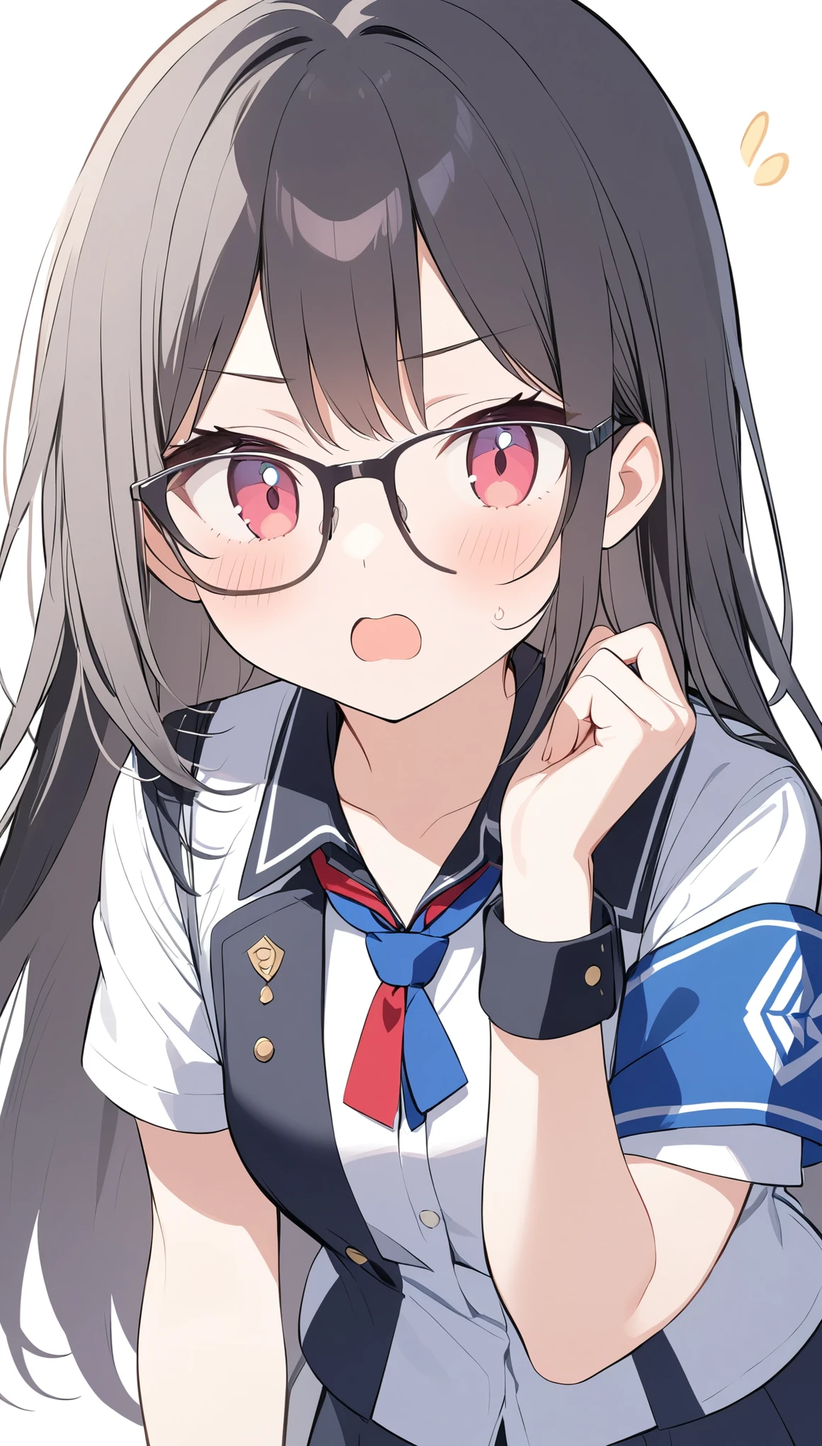 school student council president、Glasses、Black Hair、long hair、Student council president armband on uniform,astonished