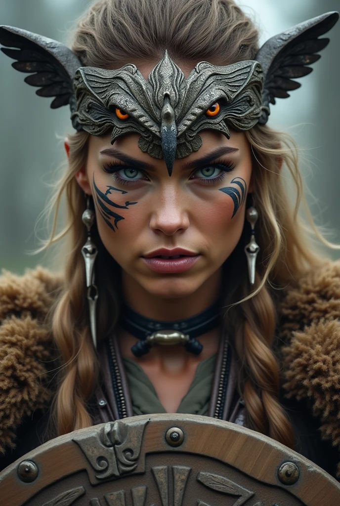 Close up face beautiful viking woman, wooden shield in hand , eagle crown , tribal design on the eyes, Angry, bone ornaments on the neck, leather armor, focused