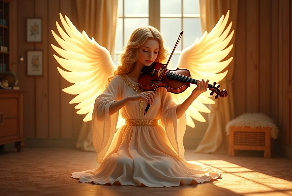 an angel plays the violin in a wooden room with a window