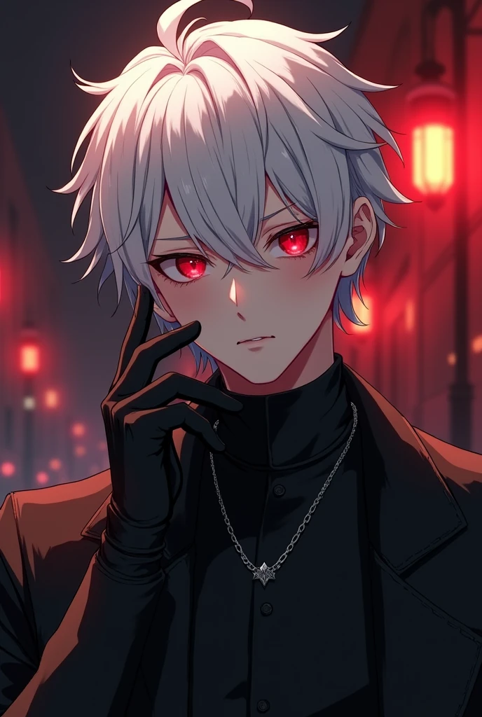 White hair、Red eyes、Black clothes、Black gloves、Cute two-block haircut、youth、male、View from the front、Highest quality、Being interrupted on a date with a girl、The man gets very angry