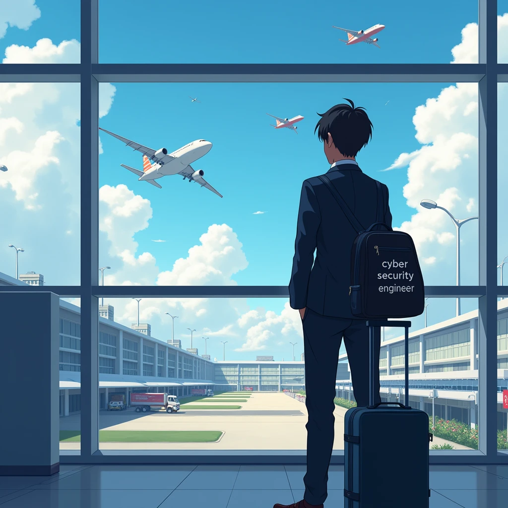 An adult student is in airport black bazzere complet watching plane flying
In his school bag it's written Cyber security engineer
Beautiful view from behind his full back
Anime