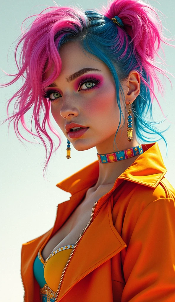 beautiful girl with colored hair, pop star style outfit, there is