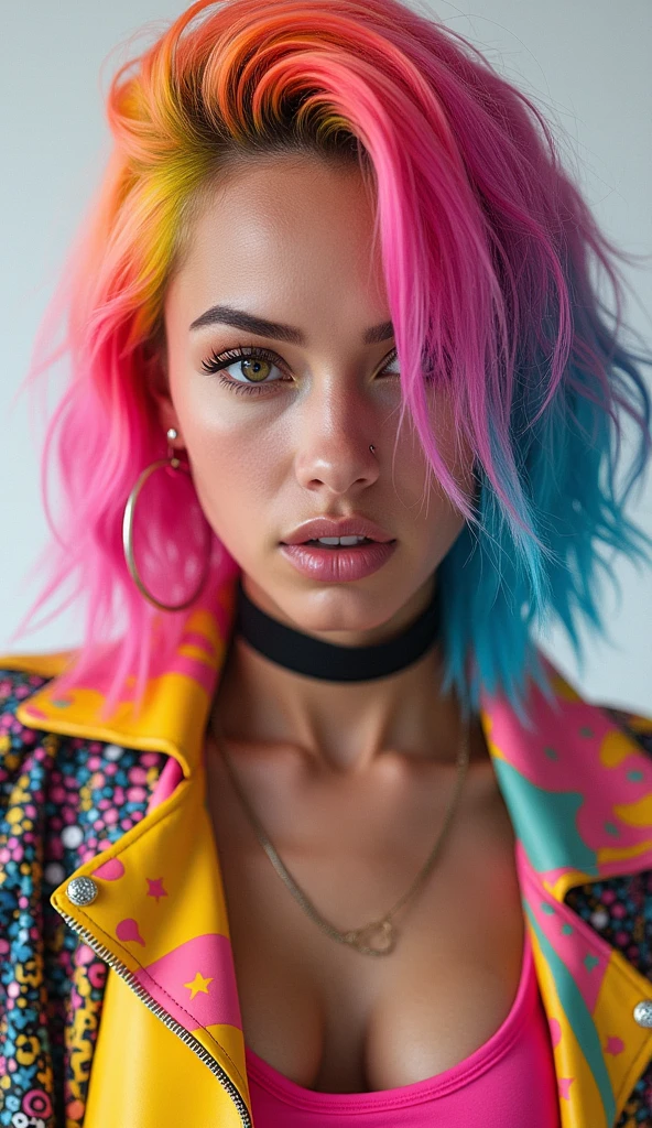 beautiful girl with colored hair, pop star style outfit, there is