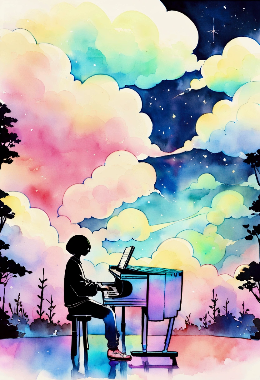 Night view hippie continue dreaming, Night Light,play piano,Neon Landscape, Simulates a color theme, Lo-fi hip hop , review, flat,黒と Watercolor, Large slope, Watercolor, Gas Color, Studio Ghibli style, Vibrant colors, Outer Ton, Jpop Lofi Art, Contemporary Style,Old Texture, amplitude,Psychedelic atmosphere, masterpiece, Technically sophisticated