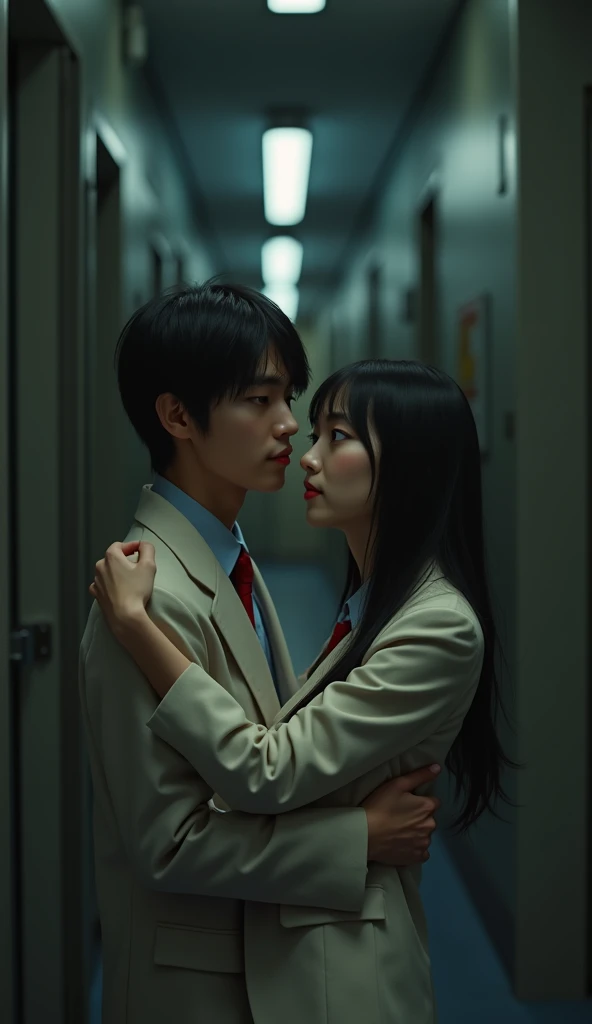 (32K:1.9, Realistic:1.9, Highest quality, masterpiece, Ultra-high resolution), Perfect dynamic composition, Highly detailed skin and facial textures:1.3, Detailed eyes, Detailed limbs, (Cute sexy slim Japanese schoolgirl, expensive、Slim Japanese high school student), Both of them are sitting, Fair skin, ((Clarity:1.1)), (Both men and women wear a blazer-style uniform and a red tie.。),  (Boy hugs girl:1.5), (smile:0.9, Totally captivates you:0.9), (beautiful Blue Eyes, beautiful, Clear Eyes:0.8), The woman has long black hair, Sexy Face:0.4, blush:1.1, (beautifulエロティシズムを醸し出す雰囲気:0.8), Professional random camera work, Cinematic Lighting Effects, ((Full Body Shot)), ((Too erotic:0.9)) , romantic, mysterious, Object of admiration, original, dramatic, artistic, Innovative, charm, Heartful, Fancy, Tilt, sense of loss, special, exciting, Extreme, sense of openness, joy, joyの表現, ((若さのcharm, 女性的なcharm))