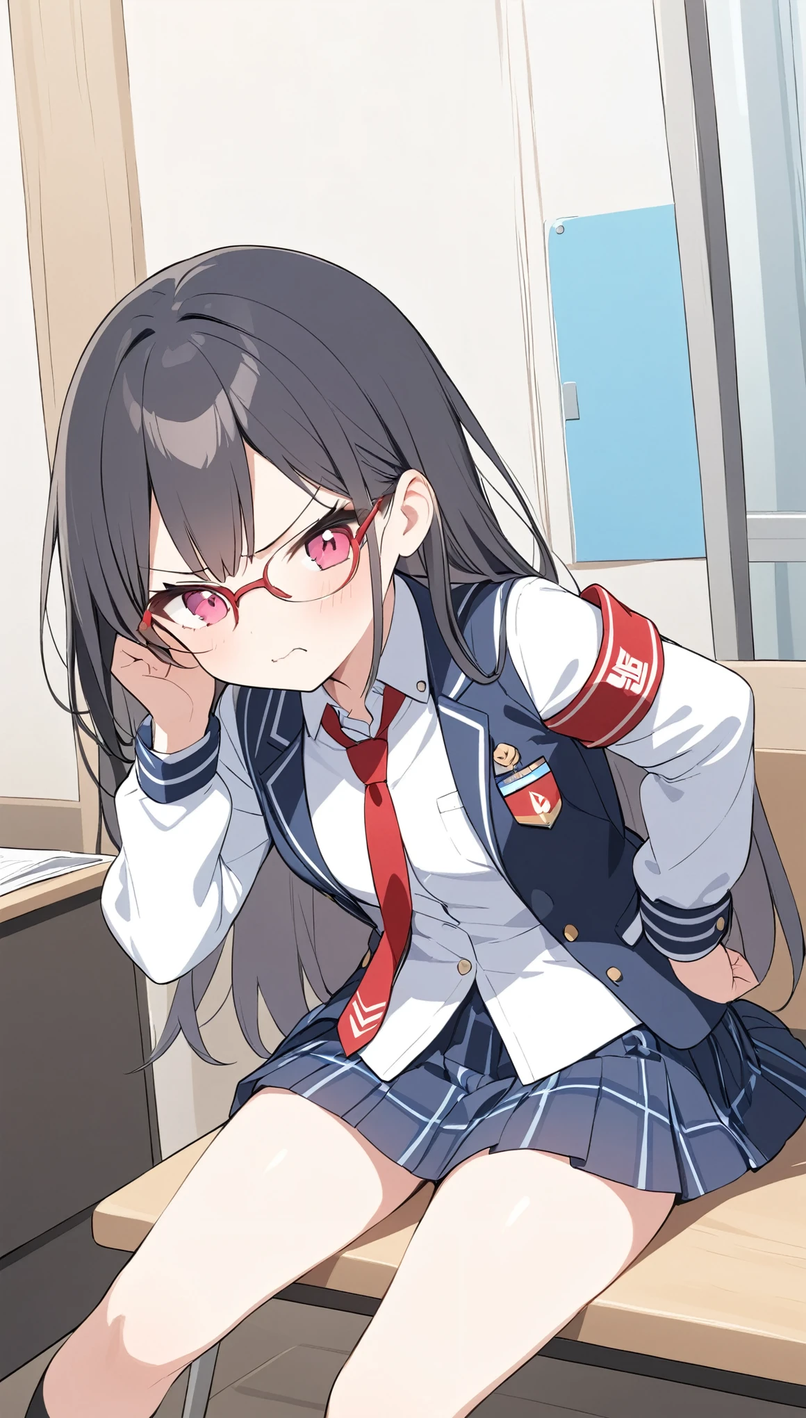 school student council president、school uniform、Glasses、Black Hair、long hair、Student council president armband on uniform,angry、Puff out your cheeks、Tsundere