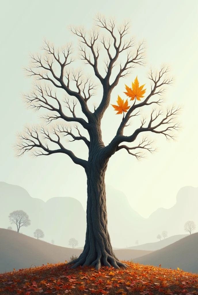 Tree in late autumn. All but one small leaf lay on the ground.