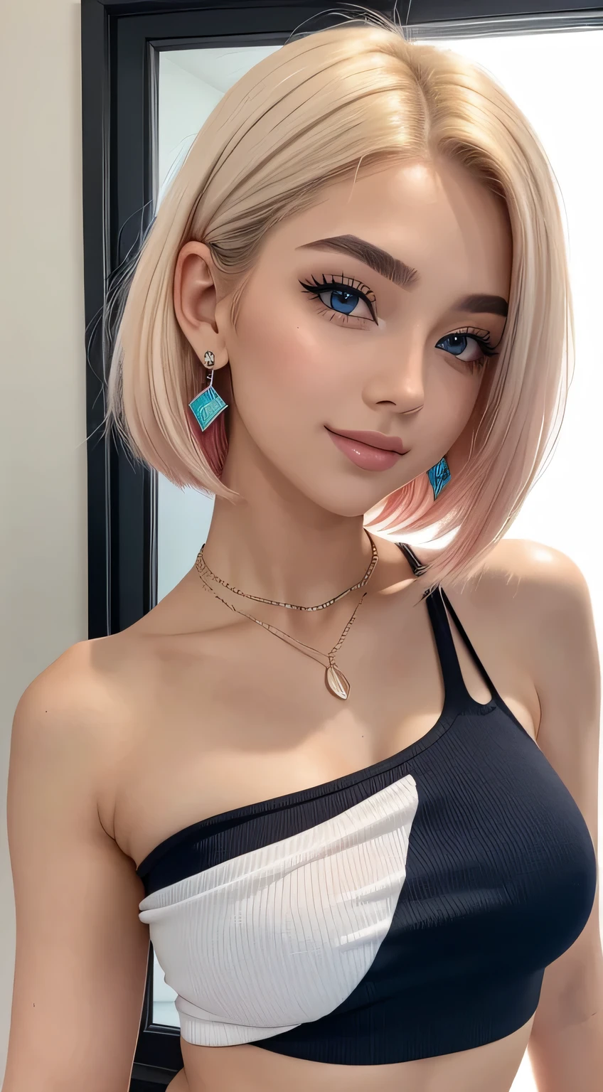 Amazing portrait of the upper body of a young woman who is 20 years old with a beautiful and highly detailed face and skin texture with fine blue eyes with double eyelid and thick styled and perfect eyebrows and black smokey eyeliner with natural cheeks and shiny skin wearing colourful comfy clothes showing off her bare shoulders and her small breasts with clevage paired with a sparkly necklace and earrings with glossy lips parted in an enchanting smile with a short asymmetrical bob styled with a bit of volume and a side part being a light blonde or platinum with few strands dyed pink having a slightly tousled or messy appearance with focus on her chest and face with this upper body shot and her bare shoulders with small breasts