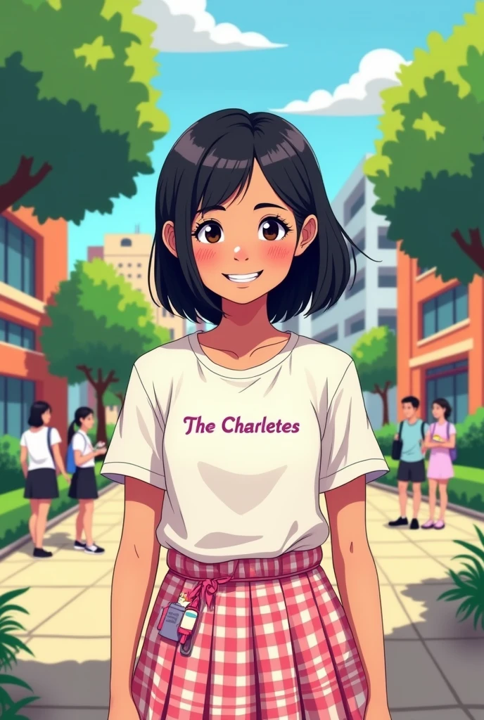 a cartoon showing filipino pupil a girl with black hair wearing a tshirt with brand "The Charlettes" in front and wearing a long skirt red and white gingham uniform , she is writing for campus journalism, make it look like the first generated photo, but change the skirt into gingham checkered pink and white skirt