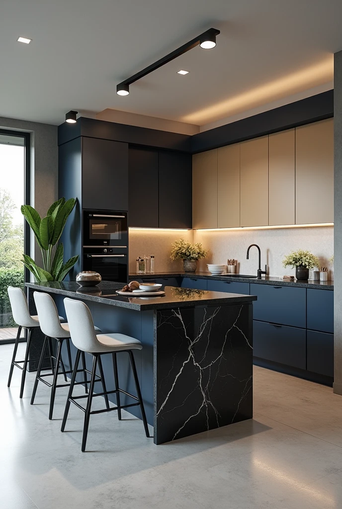 Professional 3d architecture rendering design of modern kitchen with So dark blue vintage and dark beige and dark gray cabinets and modern so light gray design chairs shiny black marble island island and modern windows and complete showing kitchen and showing complete kitchen and modern windows and showing complete kitchen