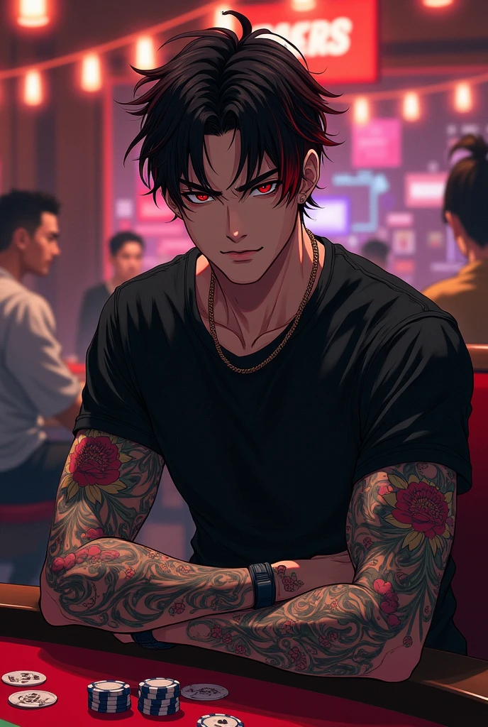 Handsome young Japanese man. 20. Tattooed arms not tribal. Yakuza gang. Intimidating. Red eyes. Short messy Black hair. Some red locks in his hair. He wears black combat boots. Black t-shirt. Cargo pants. Anime. Playing poker. Smirk.