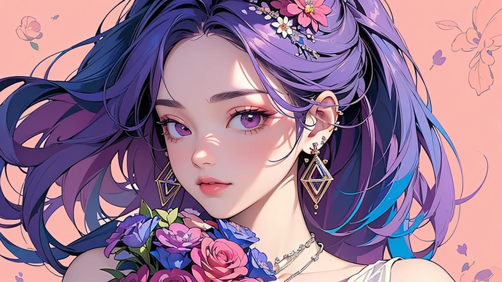 32K, 最高quality, 最高masterpiece, (ultra-Detailed Background, Detailed Background), High resolution, Super detailed, Very detailedな, 1 personの, (bouquet:1.3), (Tangled:1.2), (Geometric:1.2),(colorful),(masterpiece, quality, best quality, Official Art, Beautiful and beautiful:1.2), (1 person:1.3), Very detailed,(colorful:1.1)(Flowers:1.3),Most detailed,(Tangled:1.2), whole body, (Abstract background:1.3), (Skin glows), (Many colors:1.4), ,(Earrings Jewelry:1.5), Purple-red pale background, It's imaginative., Milk tea colored hair,