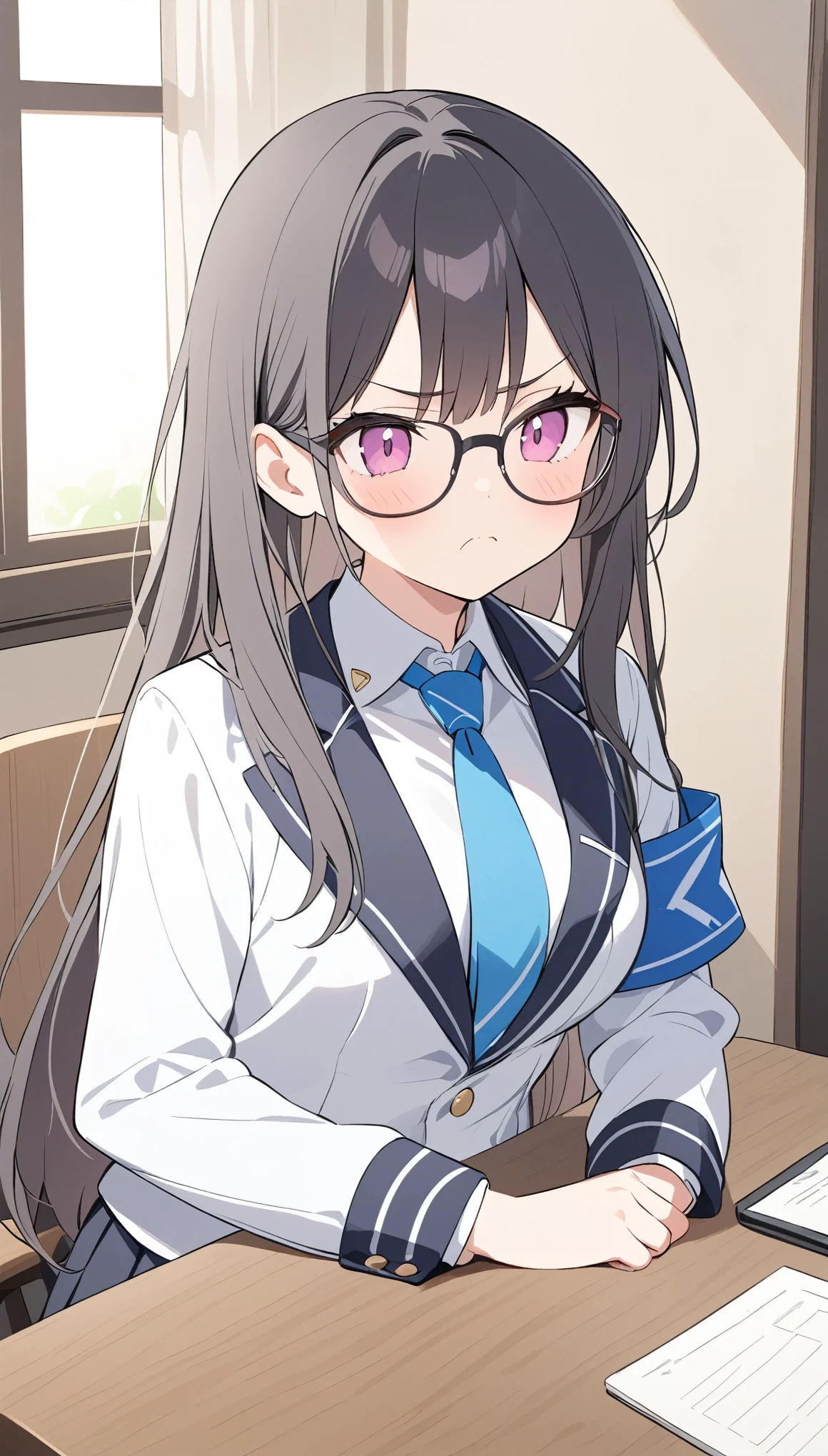 school student council president、school uniform、Glasses、Black Hair、long hair、Student council president armband on uniform,angry、Puff out your cheeks、Tsundere