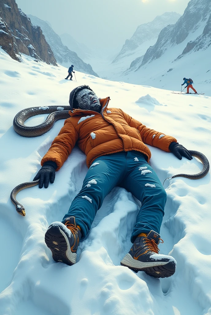 a 30 years Indian man is felt down, he went to coma in the snow hills of mountain, his face is completely covered with the snow, snake is beside to him. ski board, poles are some distance to him, he wears orange jacket, blue pant, shoes. Snake is crawling on his hands.