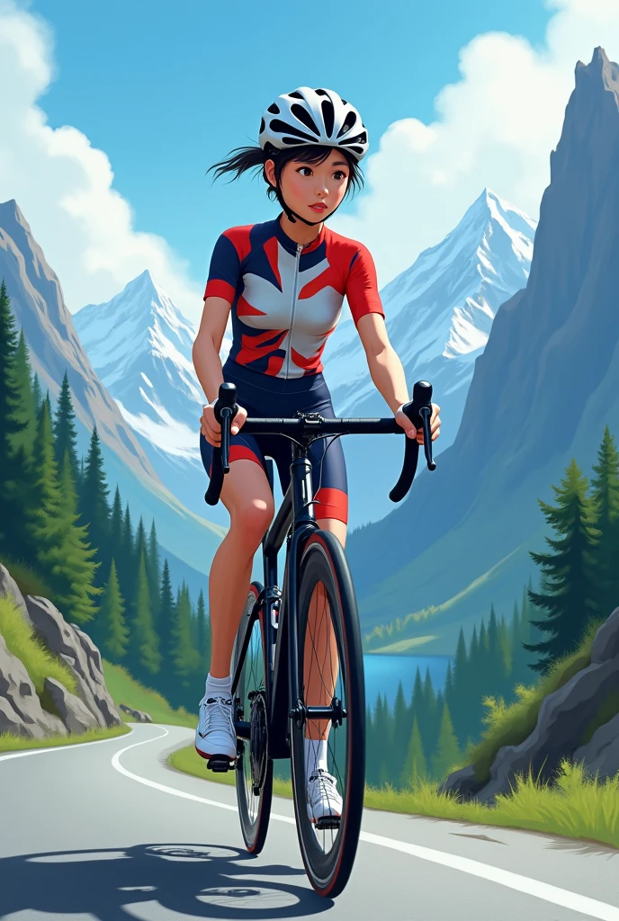 Ride a road bike through the mountain pass、Cute Japanese woman 2 photo。