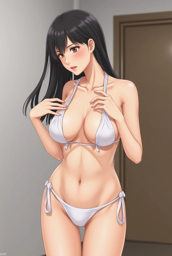 best quality, amazing quality, very aesthetic, absurdres, 1girl, kayoko (blue archive), blue archive, red eyes, black hair, strapless, (artist official art:1.5), (realistic face), (narrowed eyes), (cowboy shot), (art:1.5), panties, (thigh), expressive eyes, perfect face, 4k, extremely detailed anime illustration, extremely detailed eyes, enhanced details, perfect anatomy, light rays, photo background, extremely delicate body, smooth skin, feminine expression, (black background:1.5), cristal clear eyes, beautiful face, big breasts