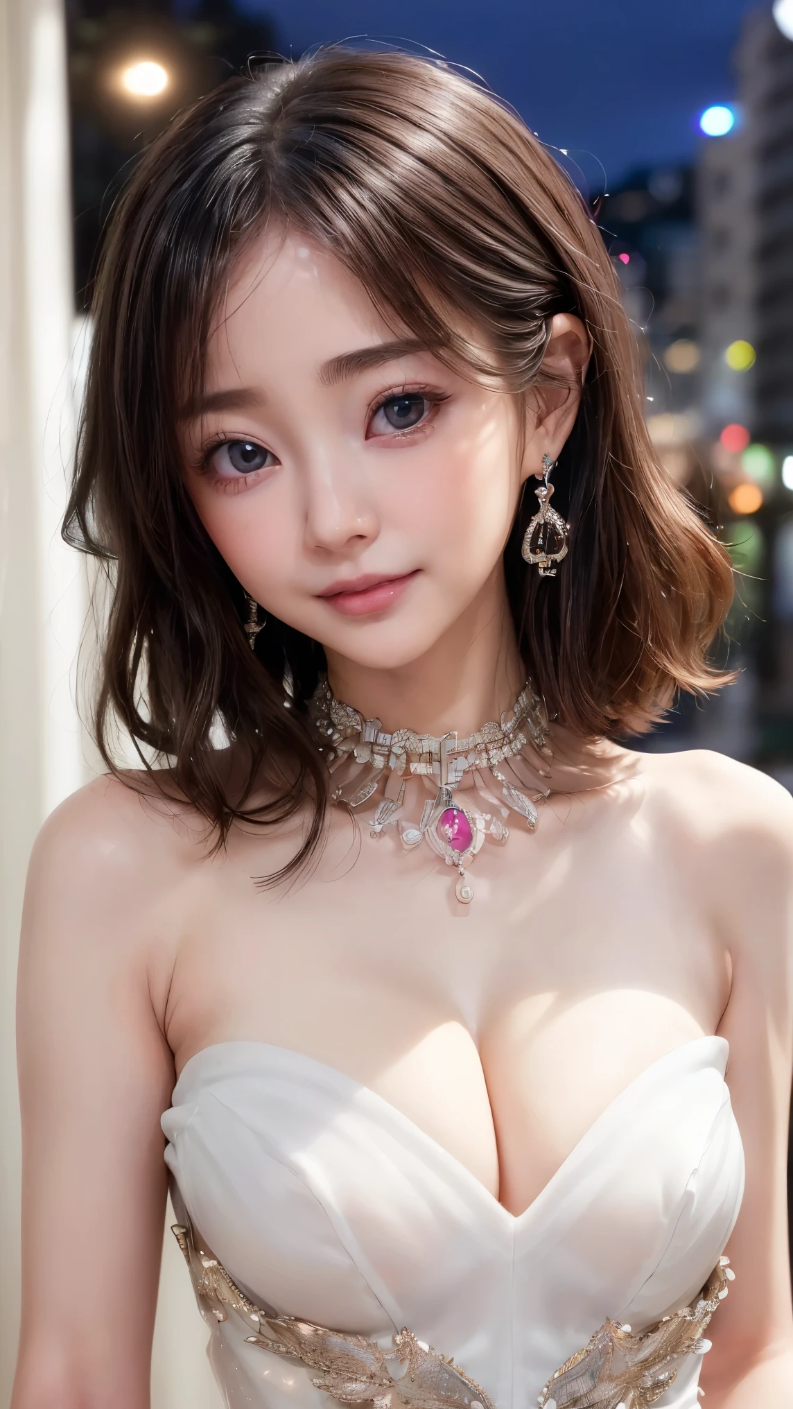 (4k quality:1.3),(Highest quality:1.3),(Whitening:1.4),(Baby Face,Girl:1.3),(The best beauty:1.5),rich,Upper Body,smile,(Shiny strapless bejeweled dress:1.3),Overflowing breasts,(jewelry),Captivate a man,Cleavage,(Super Celebrities:1.5),(Supermodel:1.4),(Whitening:1.2),(Tight waist:1.4),(Night viewの良いホテル:1.1),(luxury:1.2),(Arisa Hanyu:1.5),(anorexia:1.4),(Night view:1.3),(Face close-up),Catchlight,(Child&#39;s face:1.6),(smile:1.1),(Light blue hair:1.3),(Half Up Hair:1.3),(Light blue eyes:1.4),(2D cuteness:1.5),(Cute Makeup),Beautiful fingertips,(Sexy and cute:1.6),(Luxury hotel:1.6),(White Gal:1.6),(Transparent white skin:1.4),(albino:1.5),(Lighting hits the subject:1.3)