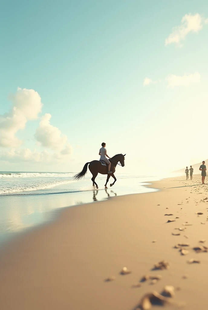 One people riding a horse on the beach with people watching
