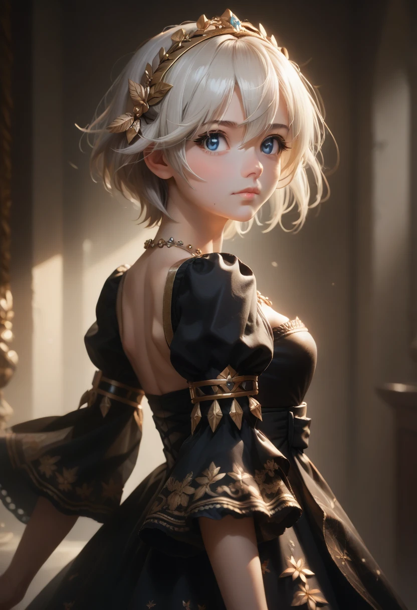 masterpiece, Best quality, a high resolution, 1 girl, One, Anastasia (idolmaster), idolmaster cinderella girls, Blue eyes, short hair, White hair, black dress, cowboy shot, , closed mouth, upper_body,