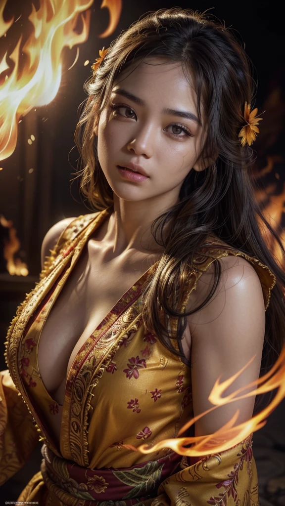 (Masterpiece, Best quality), Hawaiian dancer, detailed beautiful eyes, full lips, intricate detailed facial features, flowing hair, dramatic expression, fire surrounding, glowing effect, detailed clothing, detailed background, detailed lighting, cinematic composition, vibrant colors, photorealistic