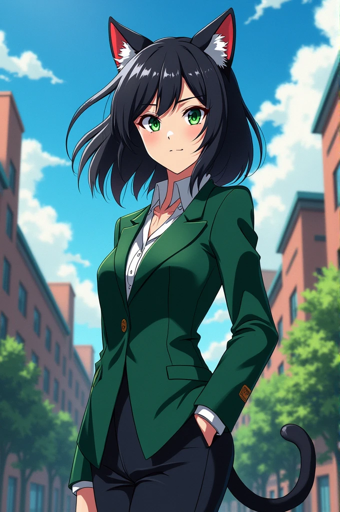 Créé moi dans le style de my Hero Academia:
Une femme de 29ans, qui est une pro-hero et une professeure à ua
Elle a les cheveux mi-long noir et des yeux vert
Son altère (je suis Caro, j'ai 29ans. Je suis une professeure à ua depuis 5ans et une pro-hero) 
Son altère s'appelle « chat », ce qui signifie qu'elle a une queue de chat fluffy et des oreilles de chat