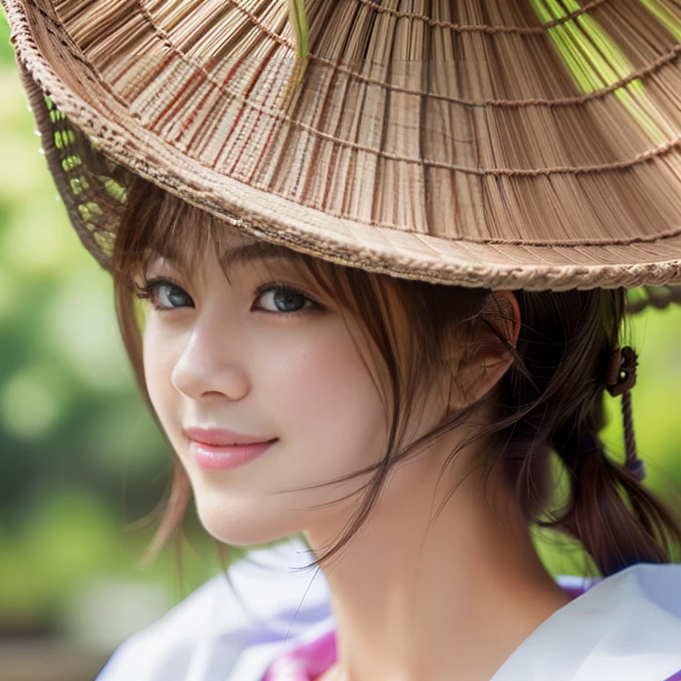 Photo-realistic quality、A woman wearing a hat, Japanese women, Japanese facial features, Traditional beauty, Traditional名日本の着物 , Japanese Model, Close-up portrait, Beautiful Japanese Face, Traditional, Close-up photo, Gentle smile, Face close-up、Detailed and beautiful eyes、Cute smile、A soft and gentle look、looking at the camera