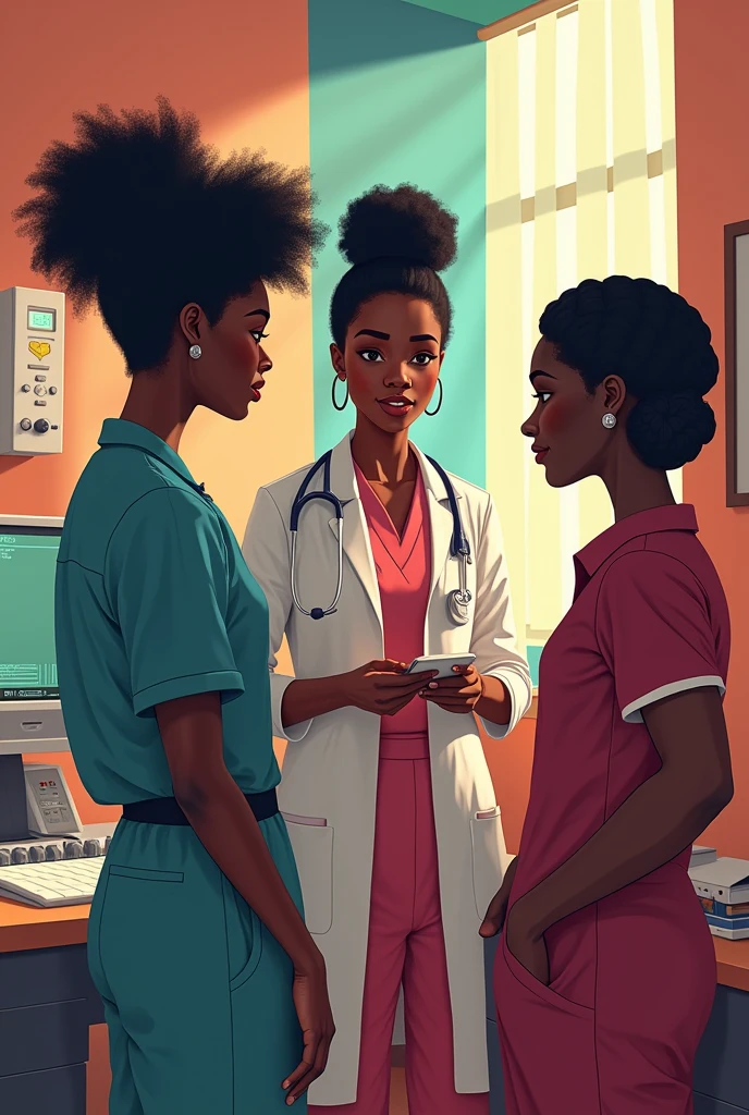 Dans un cabinet infirmière afro haïtienne, elle reçoit un couple afro-haïtien, âgé de 20 a 25 ans. Conseils sur le planning familial. Couplé très attentif, a l écoute. Infirmière très belle, dispositif medical en place, coloré, fabuleux. Bel cadre