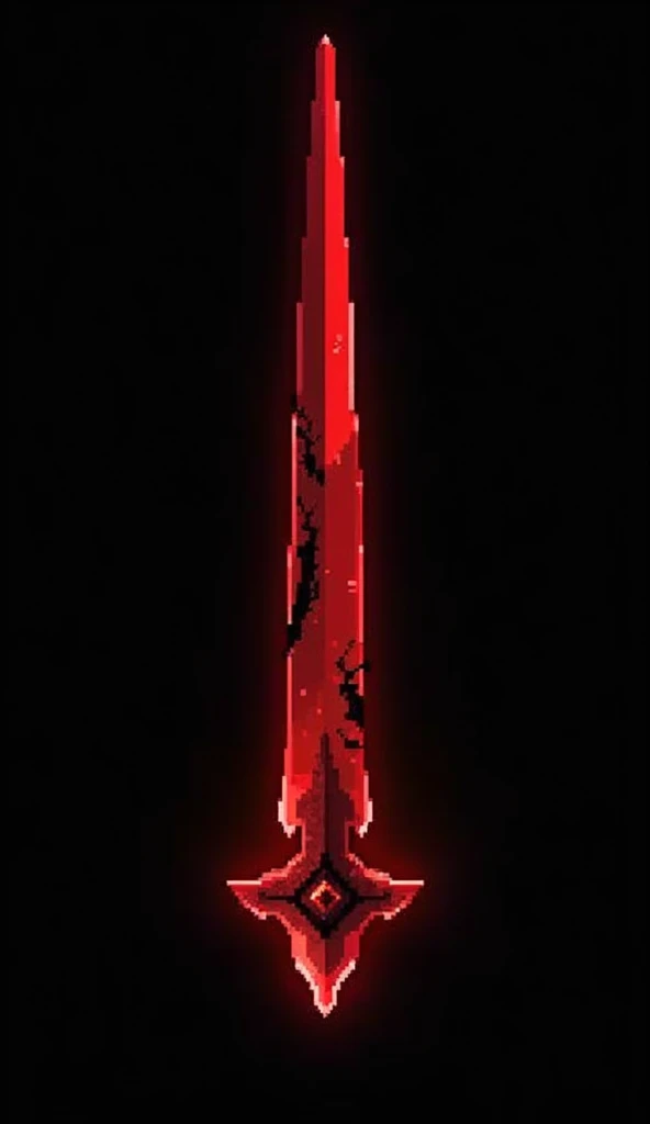 A sword projectile in the style of a clear pixel art, made of solid blood-colored crystal with vessels of black void