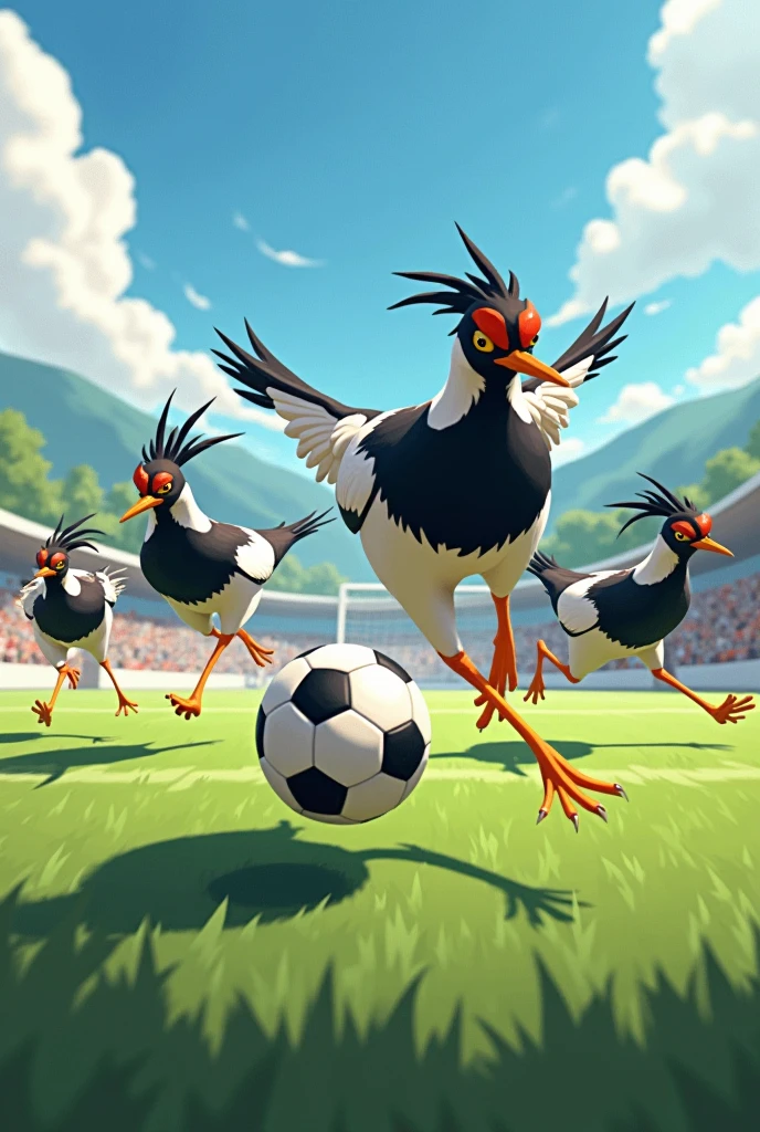 Several southern lapwing birds are very strong and play futsal
