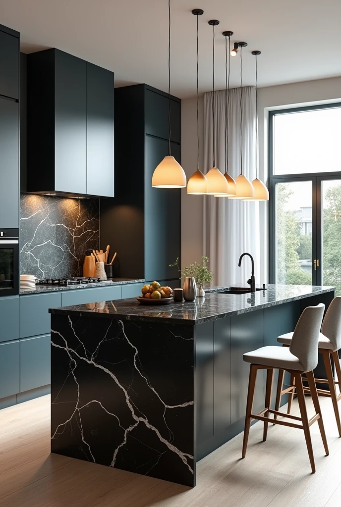 Professional 3d architecture rendering design of modern kitchen with   So dark blue vintage and dark beige  and dark gray  cabinets and  modern  so light  gray design chairs  shiny  black   marble island island and modern windows and complete showing kitchen and showing complete kitchen and modern windows and showing complete kitchen 