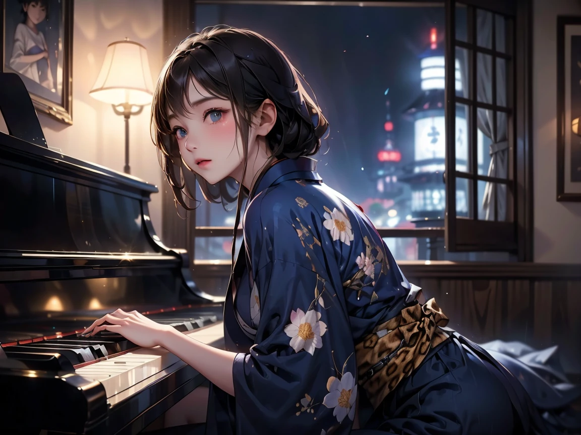 Robert Johnson, Grainy, Alabama Bar, Blue, charisma , Japanese kimono with leopard print, figure, Black Fantasy, Lonely woman, sad ending, female pianist blues blues music blues bar sad mood dark moonlight america southern america blues bar Moist and soft depiction Outside the big window it's raining
