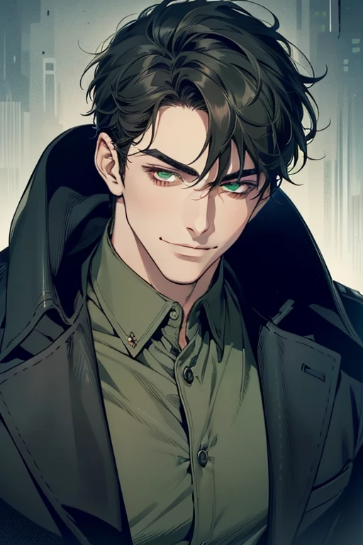 masterpiece, best quality, realistic, 1man, mature male, quiet and charming young man, 1, smirk and look on the side, closed mouth, portrait, extremely detailed face, smirk, (dark green eyes), (short-side-swept sha black hair)), [thick eyebrows], (detective clothing)