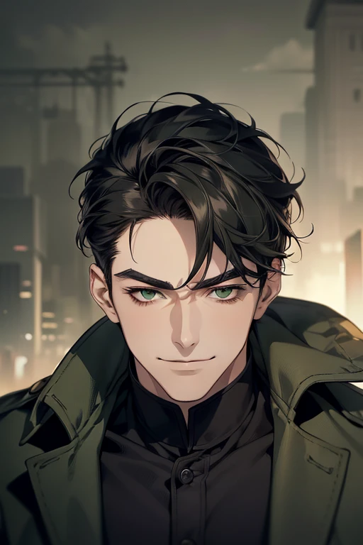 masterpiece, best quality, realistic, 1man, mature male, quiet and charming young man, 1, smirk and look on the side, closed mouth, portrait, extremely detailed face, smirk, (dark green eyes), (short-side-swept sha black hair)), [thick eyebrows], (detective clothing)