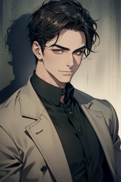 masterpiece, best quality, realistic, 1man, mature male, quiet and charming young man, 1, smirk and look on the side, closed mouth, portrait, extremely detailed face, smirk, (dark green eyes), (short-side-swept sha black hair)), [thick eyebrows], (detective clothing)