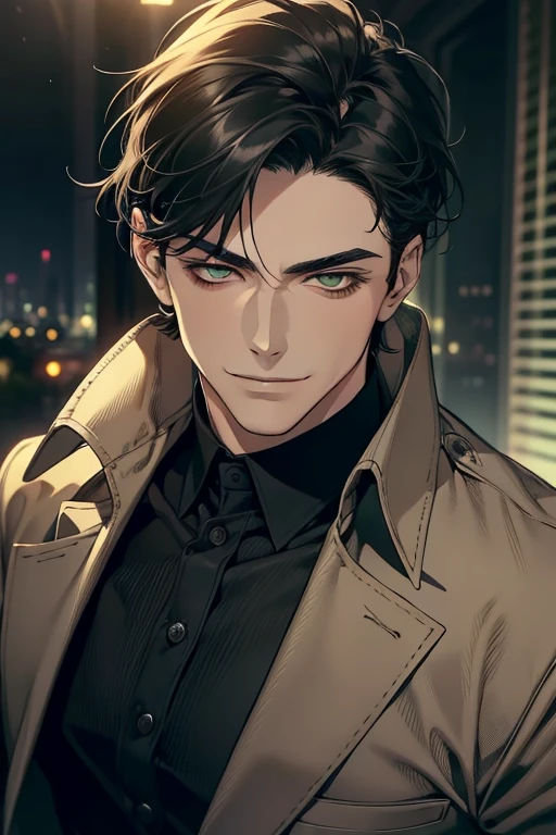 masterpiece, best quality, realistic, 1man, mature male, quiet and charming young man, 1, smirk and look on the side, closed mouth, portrait, extremely detailed face, smirk, (dark green eyes), (short-side-swept sha black hair)), [thick eyebrows], (detective clothing)