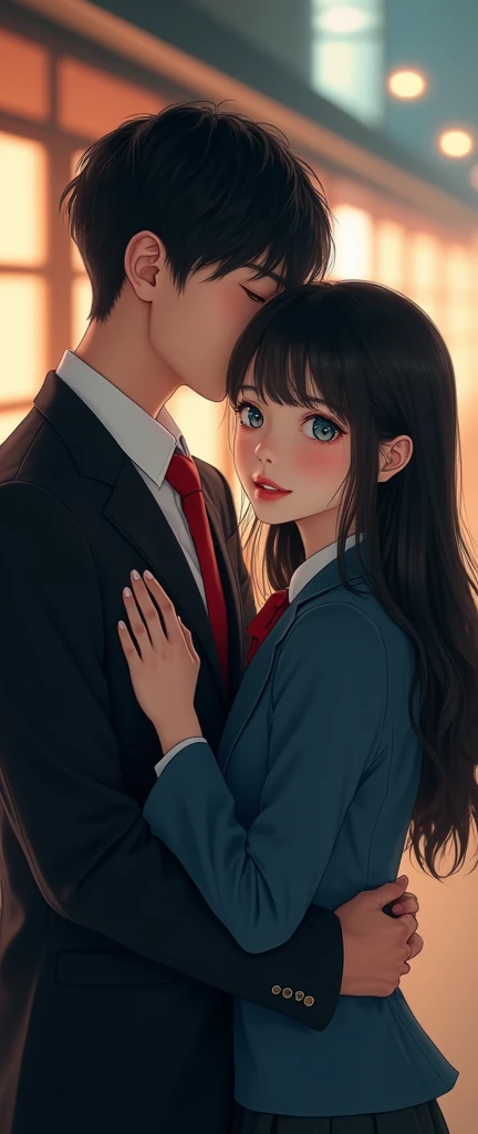 (32K:1.9, Realistic:1.9, Highest quality, masterpiece, Ultra-high resolution), Perfect dynamic composition, Highly detailed skin and facial textures:1.3, Detailed eyes, Detailed limbs, (Cute sexy slim Japanese schoolgirl, expensive、Slim Japanese high school student), Both of them are sitting, Fair skin, ((Clarity:1.1)), (Both men and women wear a blazer-style uniform and a red tie.。),  (Boy hugs girl:1.5), (smile:0.9, Totally captivates you:0.9), (beautiful Blue Eyes, beautiful, Clear Eyes:0.8), The woman has long black hair, Sexy Face:0.4, blush:1.1, (beautifulエロティシズムを醸し出す雰囲気:0.8), Professional random camera work, Cinematic Lighting Effects, ((Full Body Shot)), ((Too erotic:0.9)) , romantic, mysterious, Object of admiration, original, dramatic, artistic, Innovative, charm, Heartful, Fancy, Tilt, sense of loss, special, exciting, Extreme, sense of openness, joy, joyの表現, ((若さのcharm, 女性的なcharm))