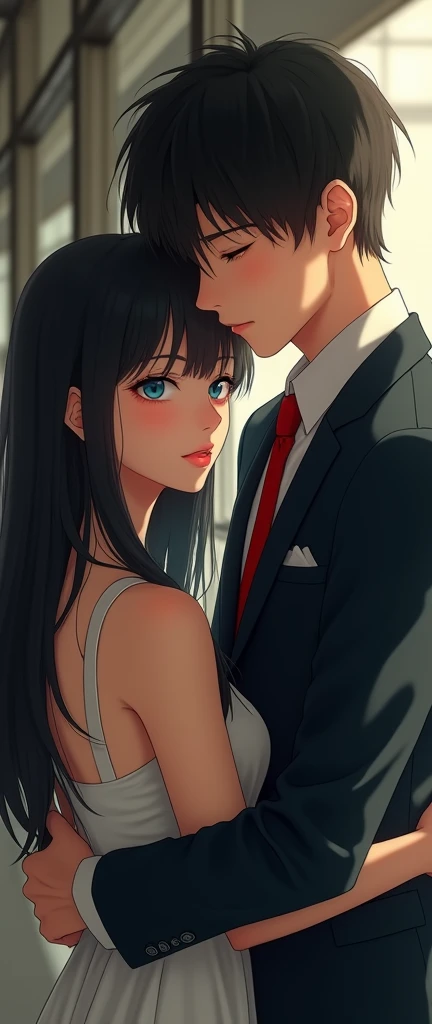 (32K:1.9, Realistic:1.9, Highest quality, masterpiece, Ultra-high resolution), Perfect dynamic composition, Highly detailed skin and facial textures:1.3, Detailed eyes, Detailed limbs, (Cute sexy slim Japanese schoolgirl, expensive、Slim Japanese high school student), Both of them are sitting, Fair skin, ((Clarity:1.1)), (Both men and women wear a blazer-style uniform and a red tie.。),  (Boy hugs girl:1.5), (smile:0.9, Totally captivates you:0.9), (beautiful Blue Eyes, beautiful, Clear Eyes:0.8), The woman has long black hair, Sexy Face:0.4, blush:1.1, (beautifulエロティシズムを醸し出す雰囲気:0.8), Professional random camera work, Cinematic Lighting Effects, ((Full Body Shot)), ((Too erotic:0.9)) , romantic, mysterious, Object of admiration, original, dramatic, artistic, Innovative, charm, Heartful, Fancy, Tilt, sense of loss, special, exciting, Extreme, sense of openness, joy, joyの表現, ((若さのcharm, 女性的なcharm))