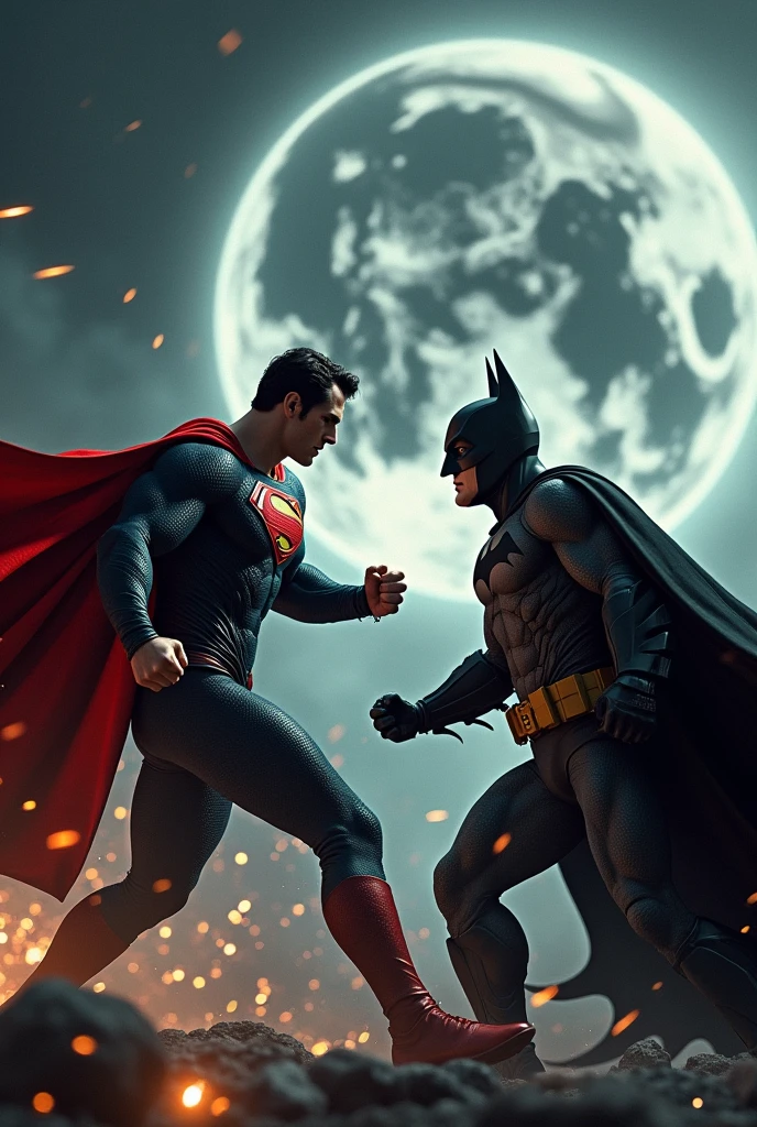 Superman and Batman fighting in a space where the sun went out and the planet Earth exploded